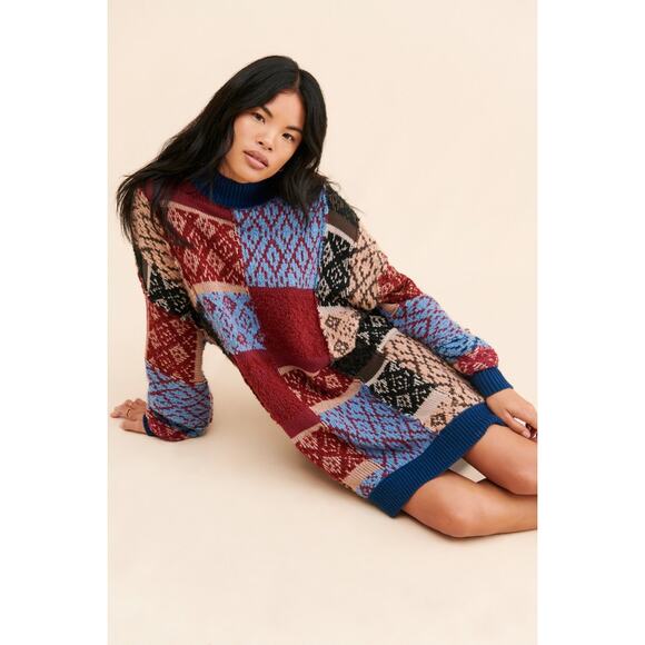 Free People Dresses & Skirts - Free People Patched Argyle Long Sleeve Patchwork Mini Dress Ivy League M / L